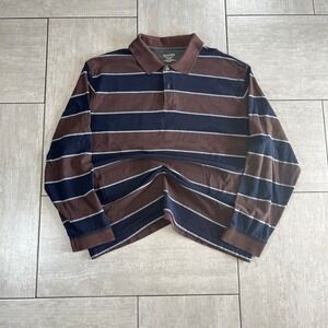 St Johns Bay Mens Long Sleeve Striped Polo Shirt Brown Navy Blue XL